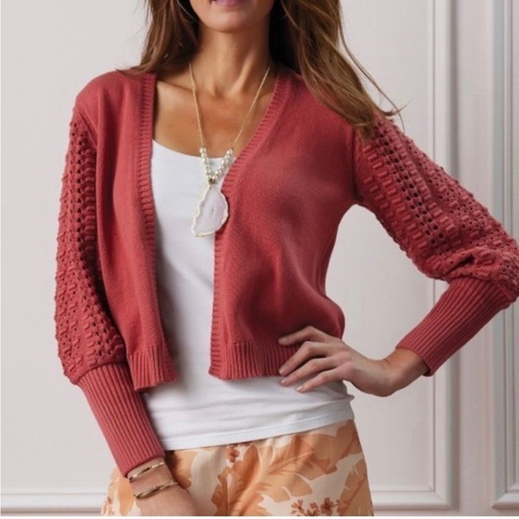 Soft Surroundings Sweaters - Soft Surroundings Hollyhock Cropped Cardigan Size M Medium Pink Bubble Sleeve.